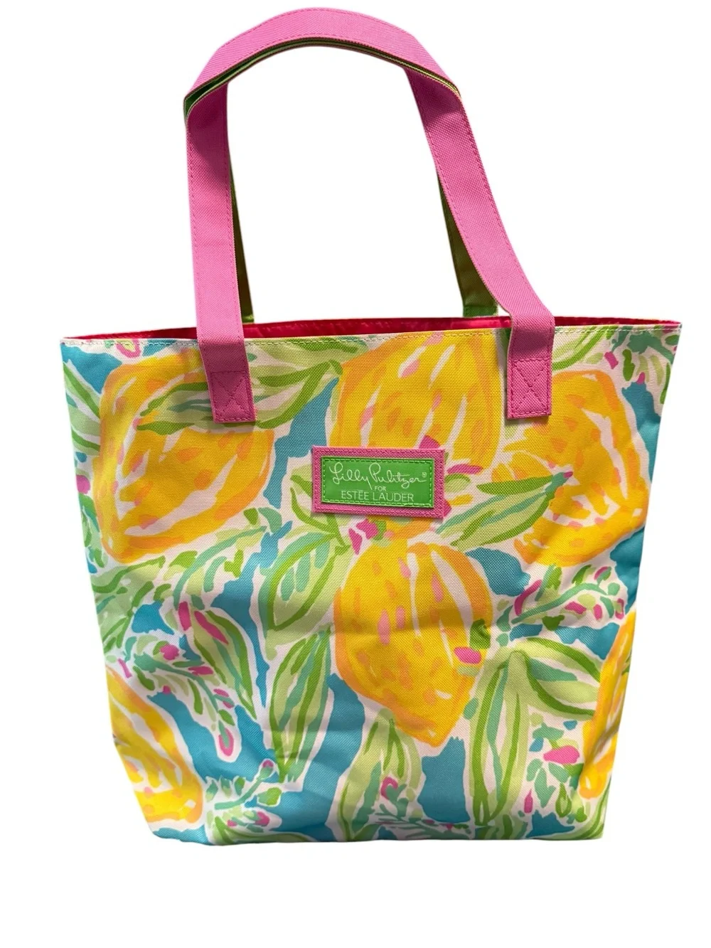 Lilly Pulitzer Yellow Lemon Print Tote with Pink & Green Handles Pool Beach NWOT